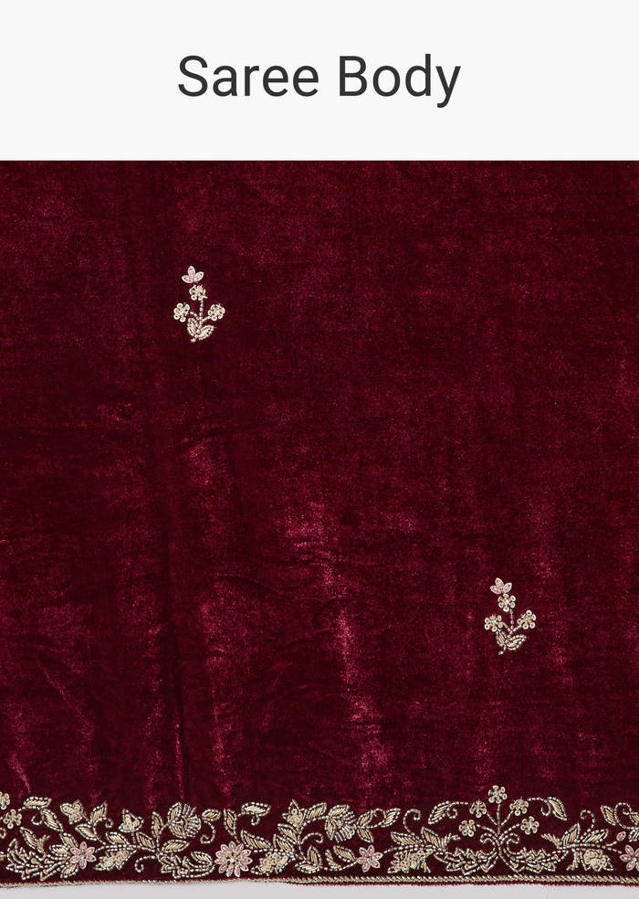 Maroon Saree In Velvet With Brocade Embroidered Blouse