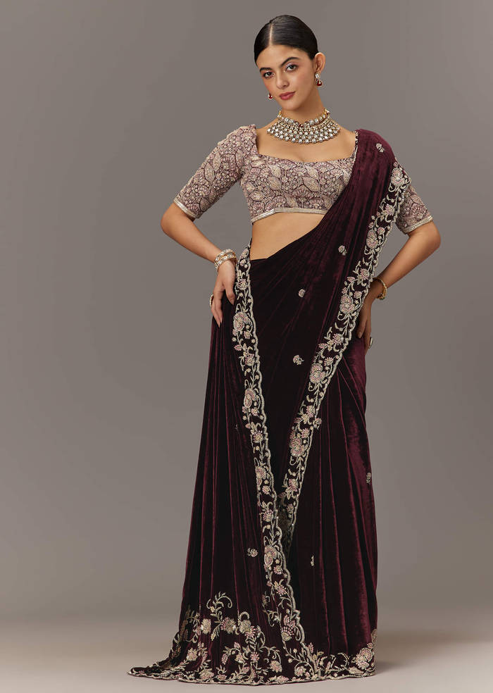 Maroon Velvet Saree With Brocade Embroidered Blouse