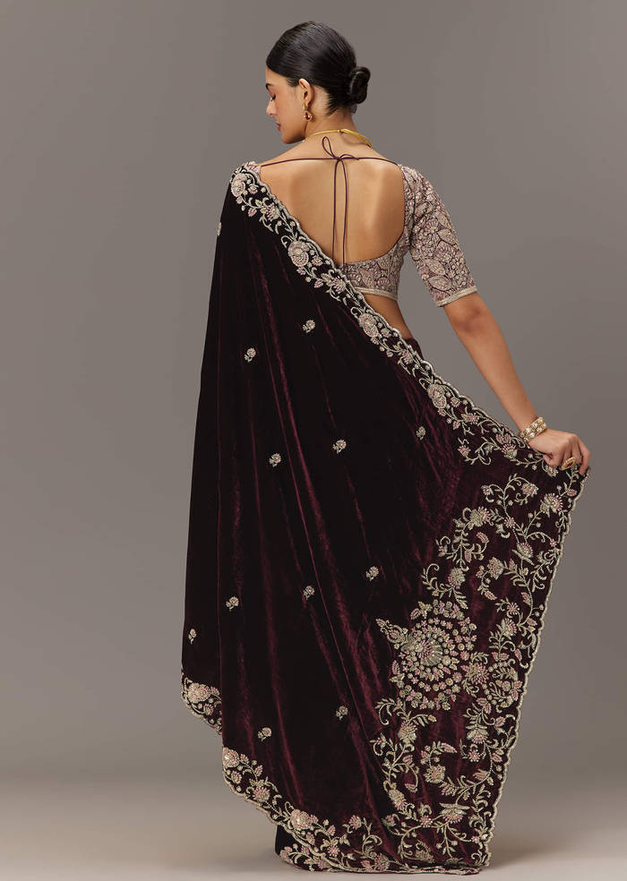 Maroon Velvet Saree With Brocade Embroidered Blouse