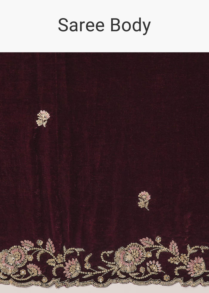 Maroon Velvet Saree With Brocade Embroidered Blouse