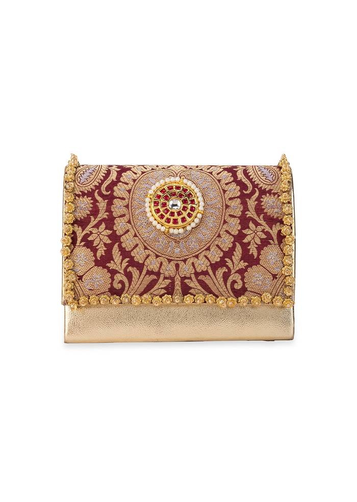 Maroon Zari and Kundan Embellished Rectangular Flap Bag
