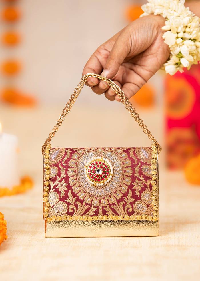 Maroon Zari and Kundan Embellished Rectangular Flap Bag