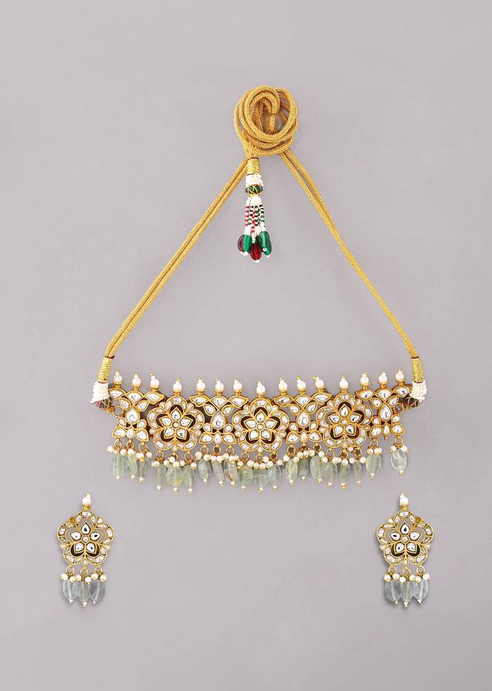 Mint Green Kundan Floral Motif Necklace and Earrings Set