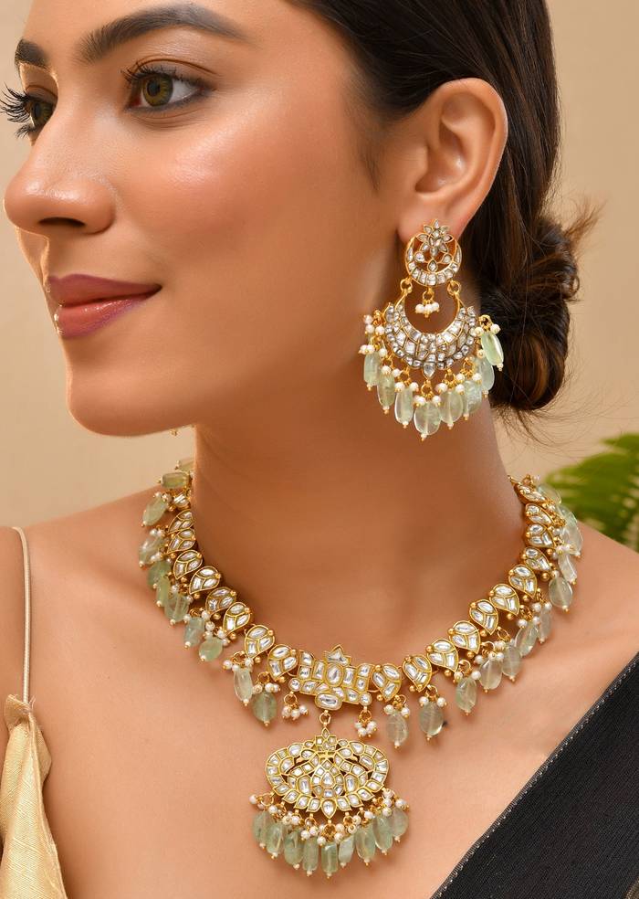 Mint Green Kundan Pendant Drop Necklace and Earrings Set