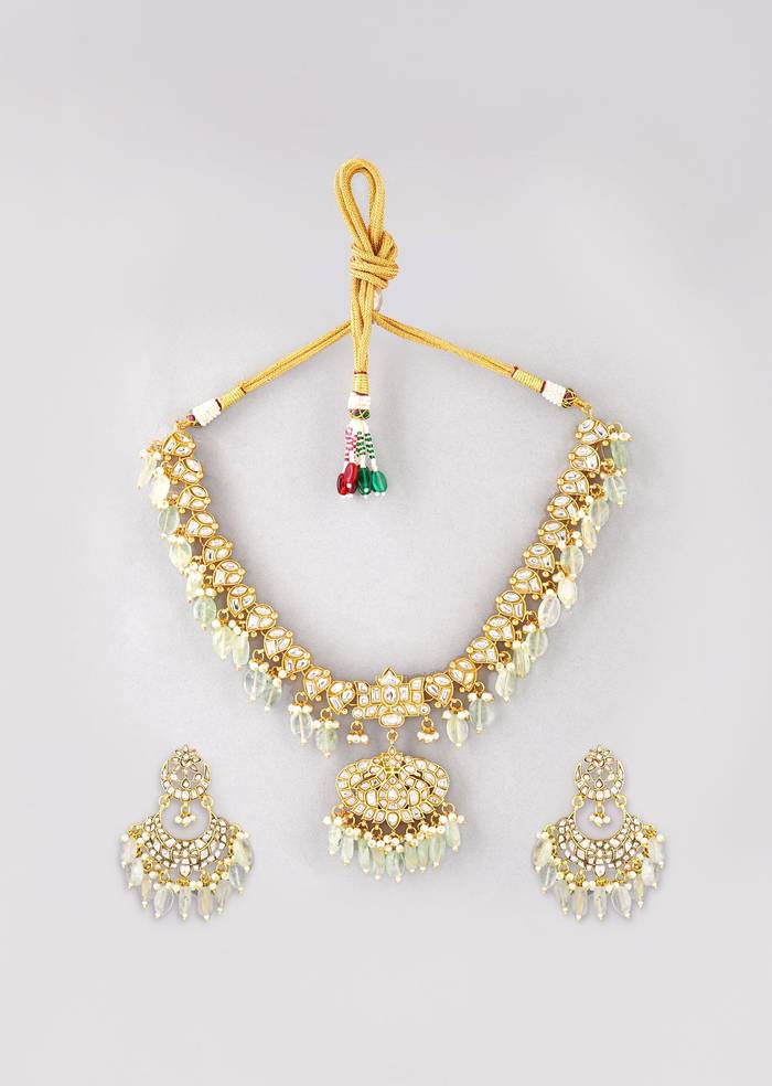 Mint Green Kundan Pendant Drop Necklace and Earrings Set