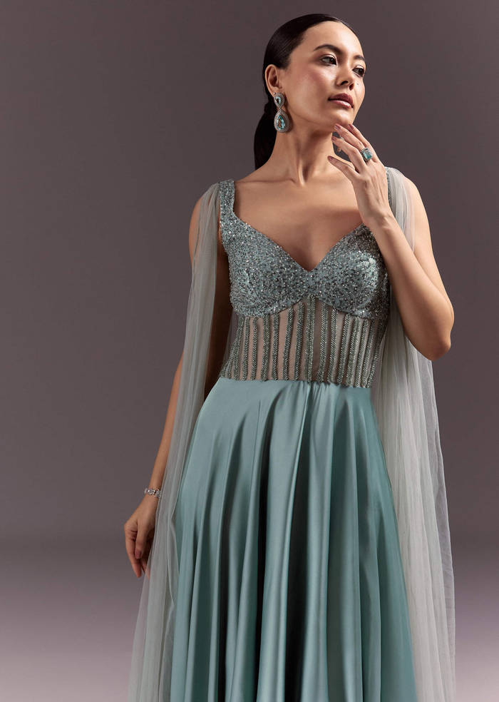 Mint Green Satin Gown With Corset Style Embroidered Bodice