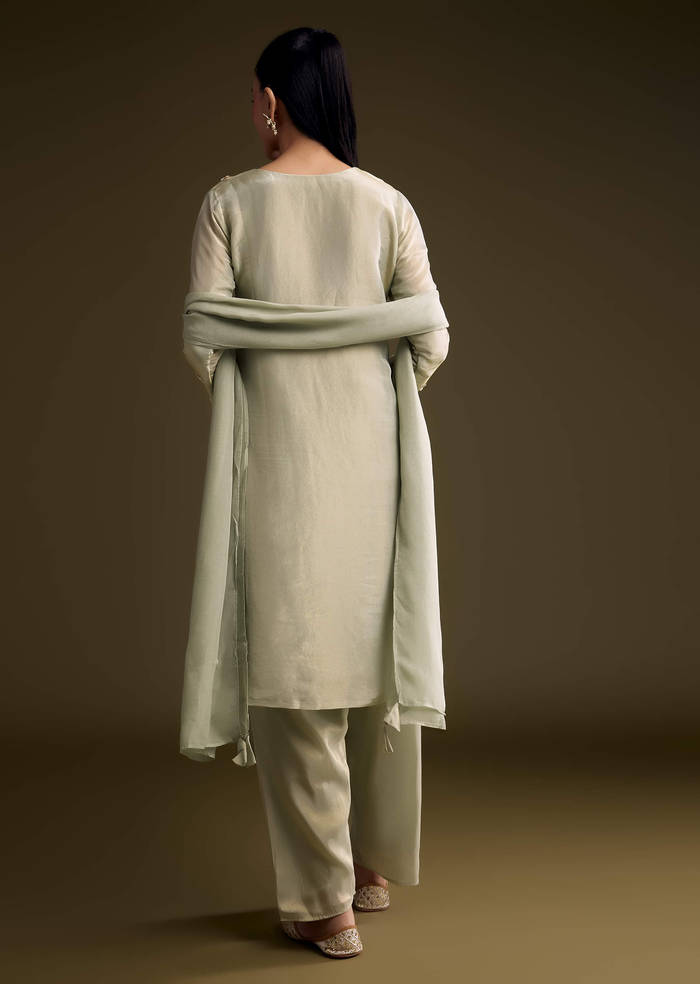 Mint Green Tissue Kurta Set With Sequins And Moti Work