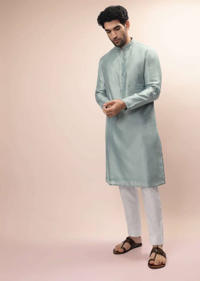 Mint Nehru Jacket And Kurta Set With Resham And Mirror Embroidered Tribal Buttis