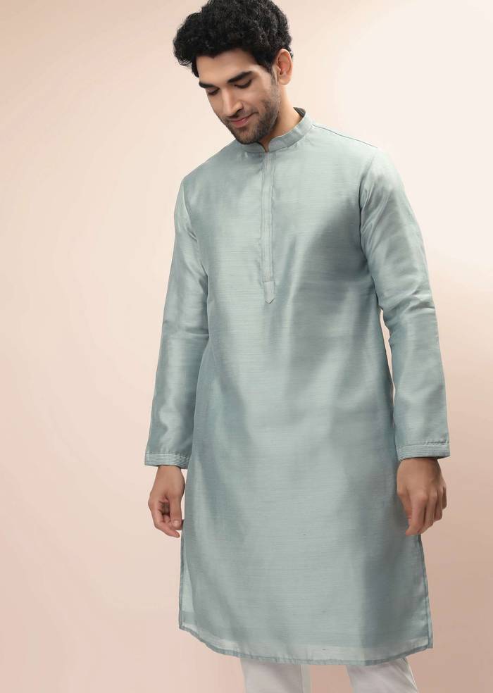 Mint Nehru Jacket And Kurta Set With Resham And Mirror Embroidered Tribal Buttis