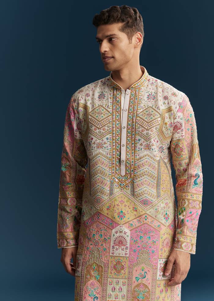 Multi Colored Silk Kurta Set With Thread And Mirror Work