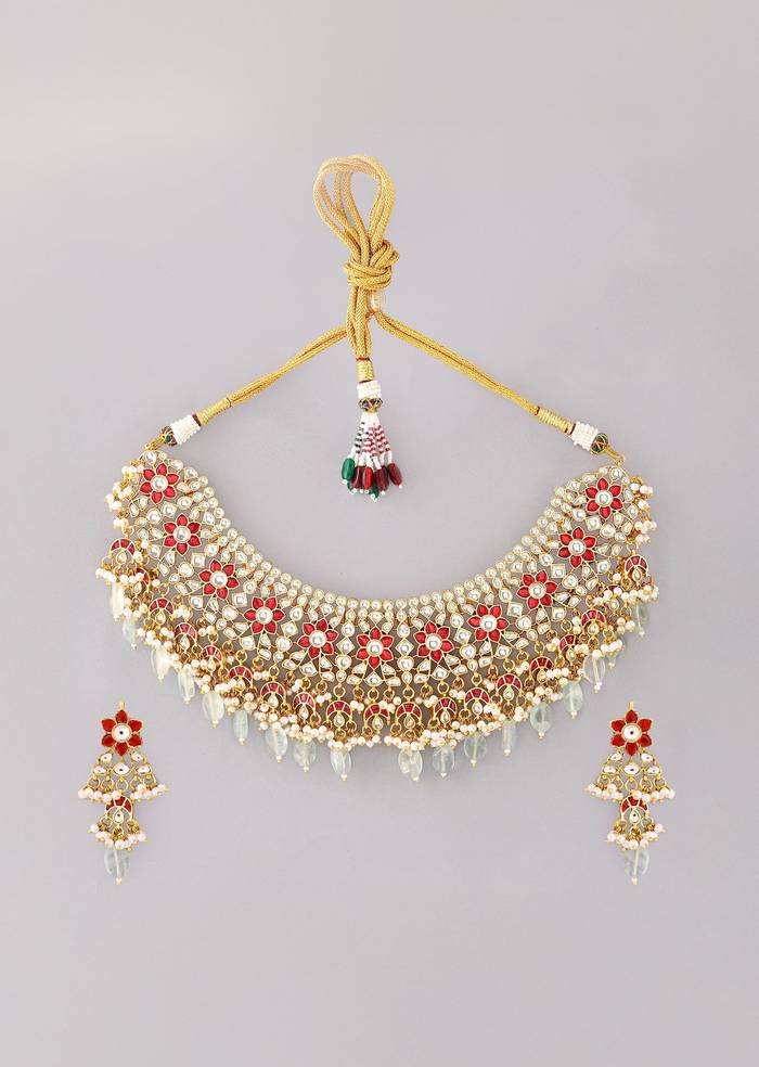 Multi Red Necklace Set With Pachi Kundan