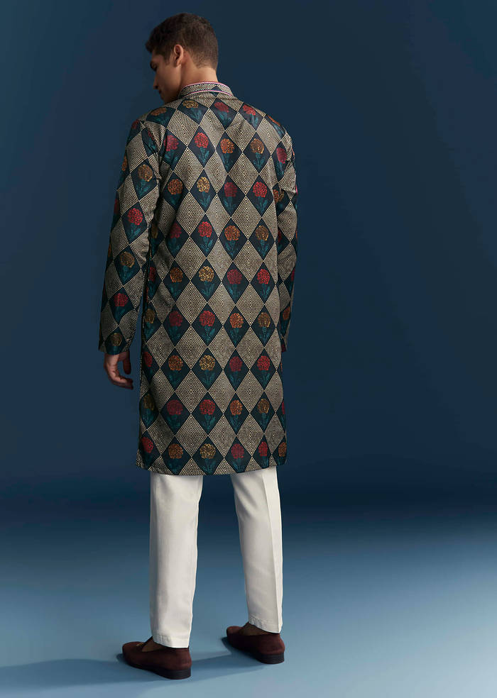 Multicolour Silk Kurta For Men With Geometric And Floral Print