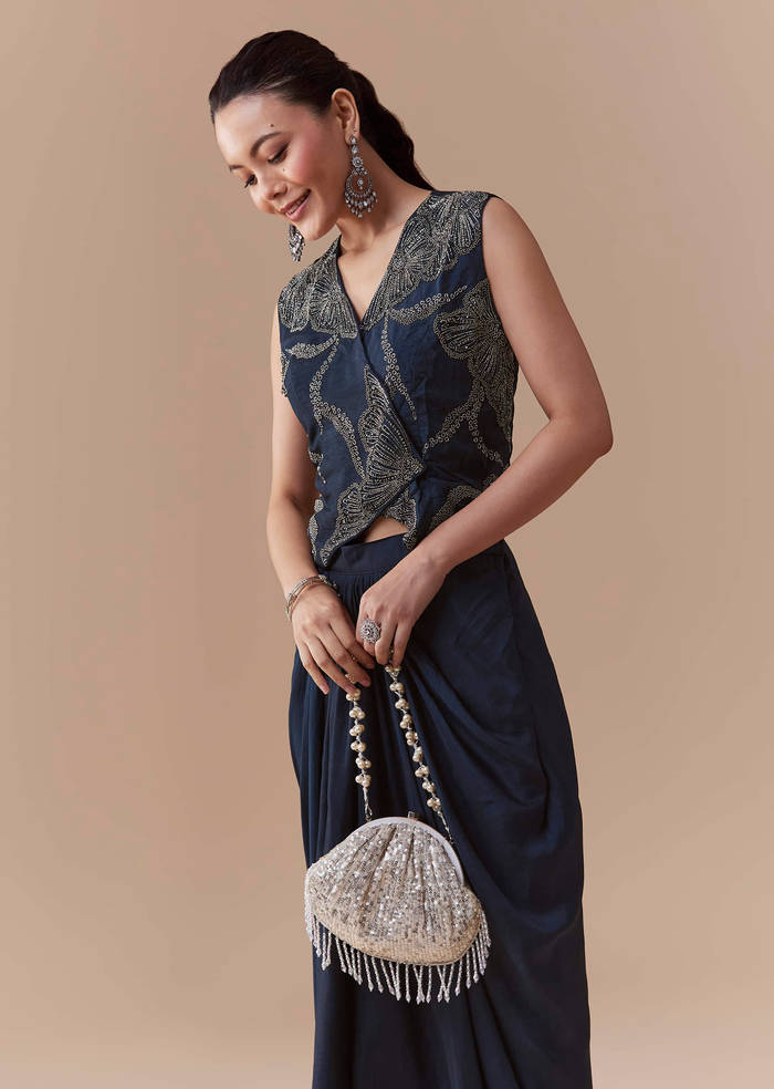 Navy Blue Crop Top and Silk Skirt Set with Cutdana Work