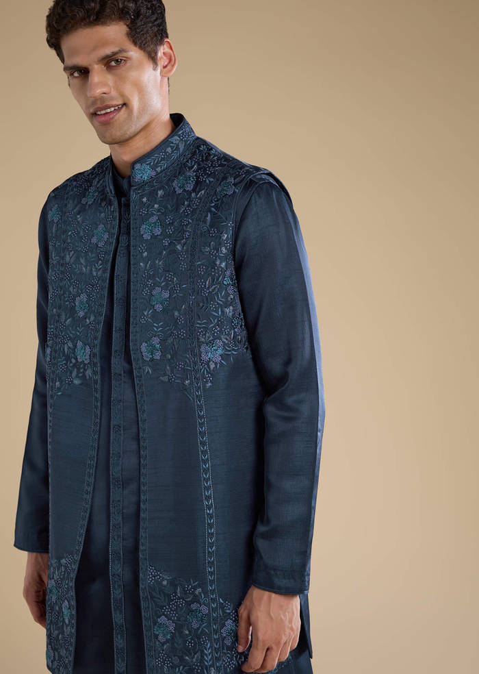 Navy Blue Embroidered Mens Jacket Kurta and Pant Set