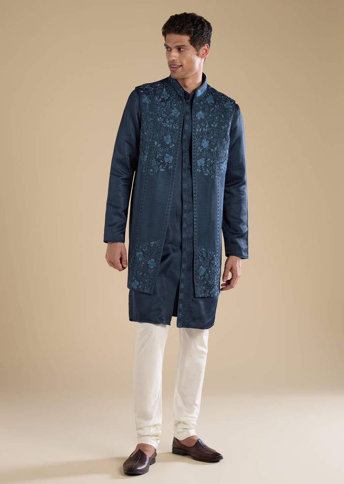 Navy Blue Embroidered Mens Jacket Kurta and Pant Set