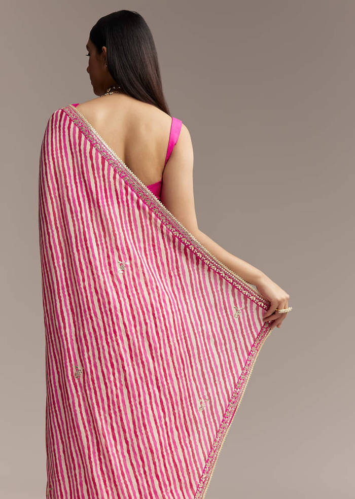 Off White Chinnon Saree With Pink Striped Print And Gota Detailing