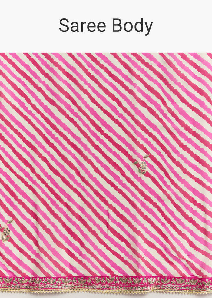 Off White Chinnon Saree With Pink Striped Print And Gota Detailing