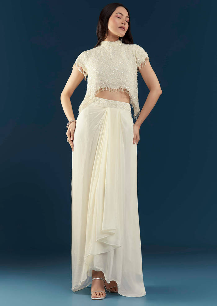 Off White Embellished Crop Top and Skirt Set