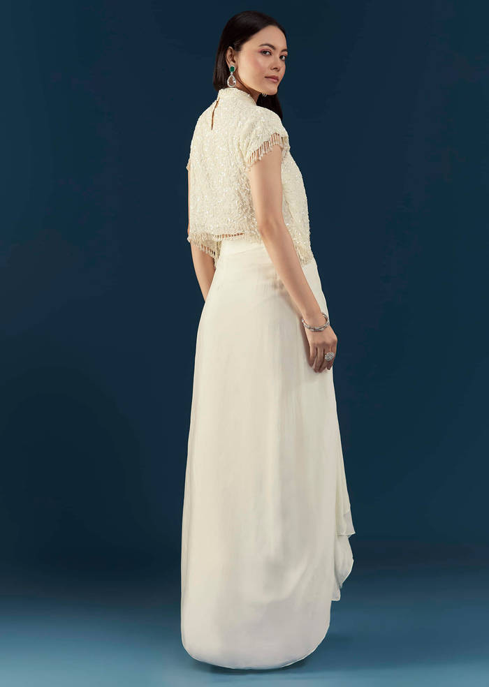 Off White Embellished Crop Top and Skirt Set
