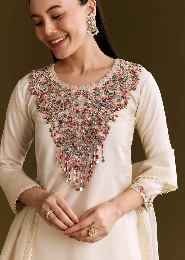 Off White Organza Embroidered Kurta Set With Dupatta