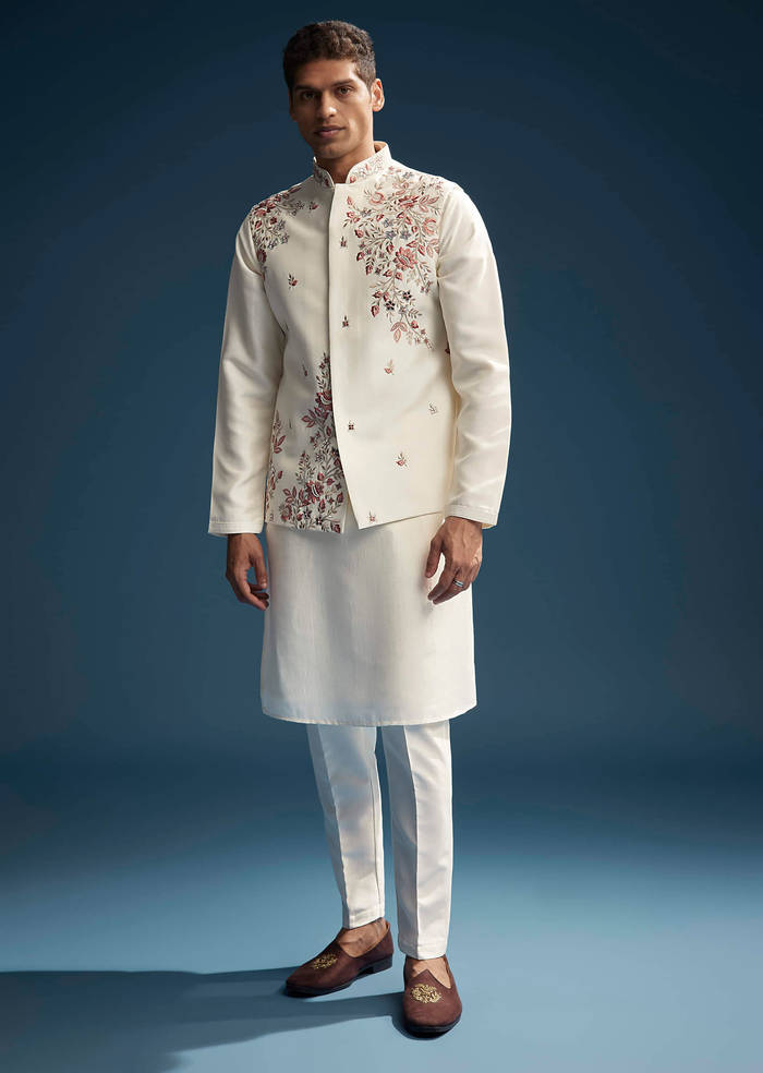 Off White Silk Kurta Jacket Set For Men With Heavy Embroidery