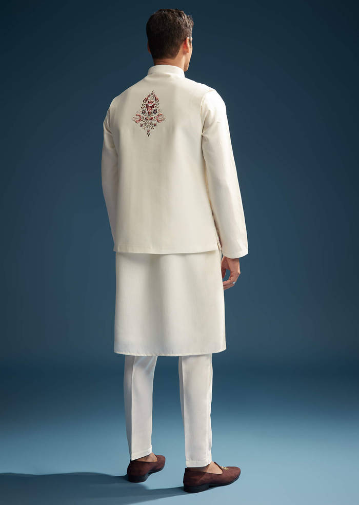 Off White Silk Kurta Jacket Set For Men With Heavy Embroidery