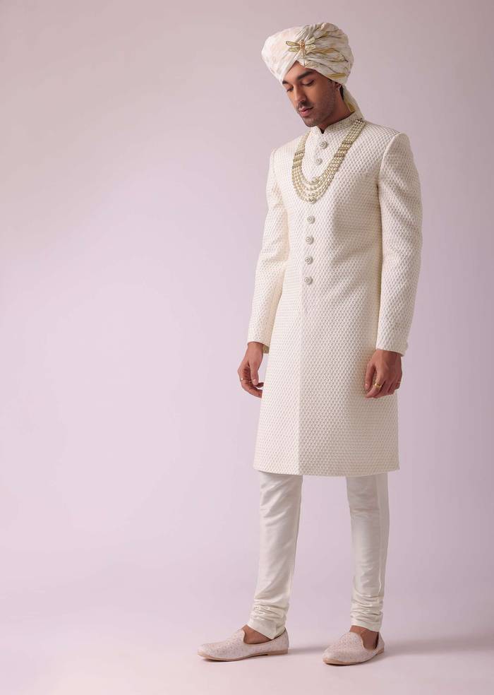 Off White Thread Embroidered Sherwani Set In Georgette