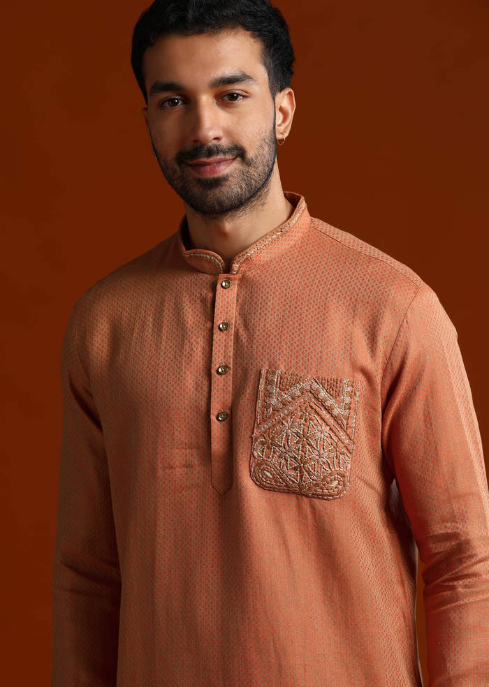 Orange Kurta Set For Men With Resham Work