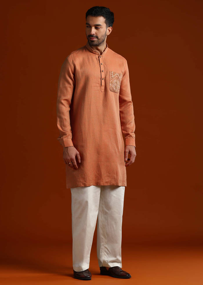 Orange Kurta Set For Men With Resham Work