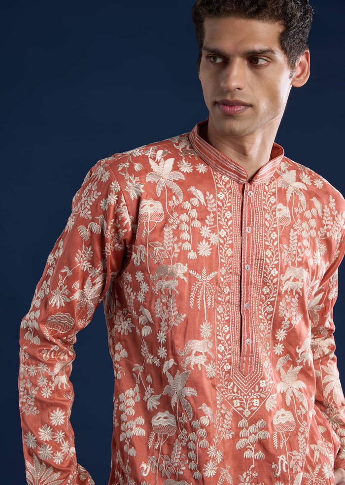 Orange Mirror Embellished Mens Kurta and Pant Set
