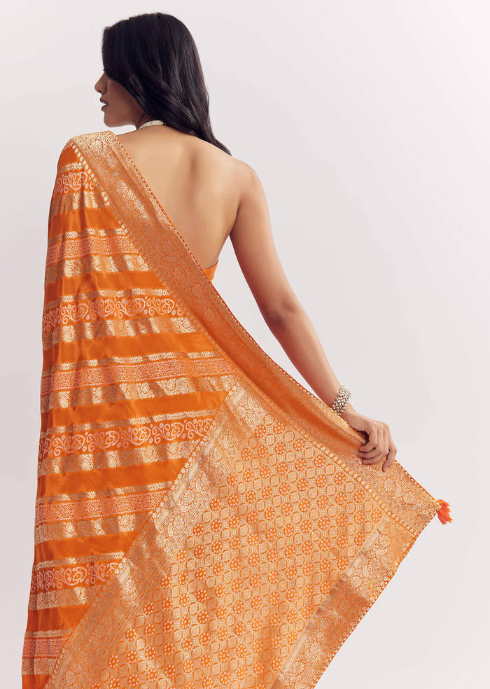 Orange Satin Saree With Zari Vine Design