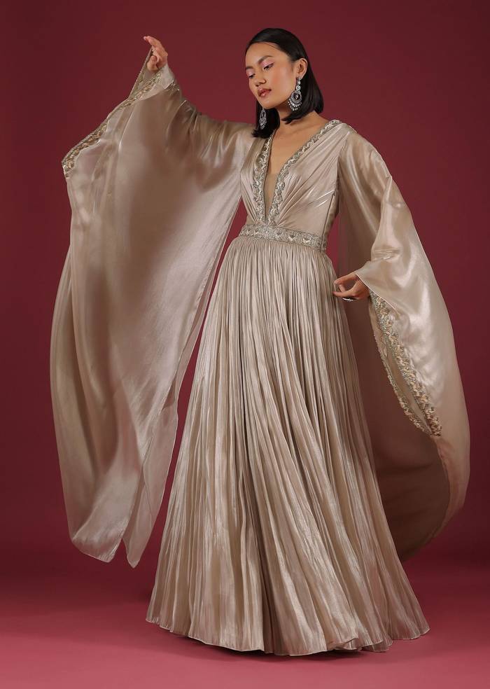 Oyster Organza Gown In Wide Sleeves, Crafted In Tissue Organza In A Deep V Neckline