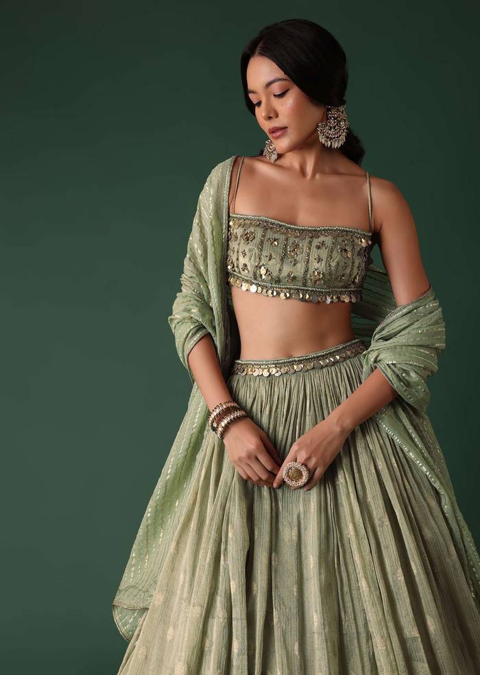 Pale Olive Green Printed Lehenga And Blouse Set In Banarasi Silk