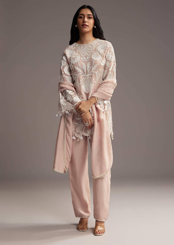 Peach Organza Kurta Set With Thread And Moti Work