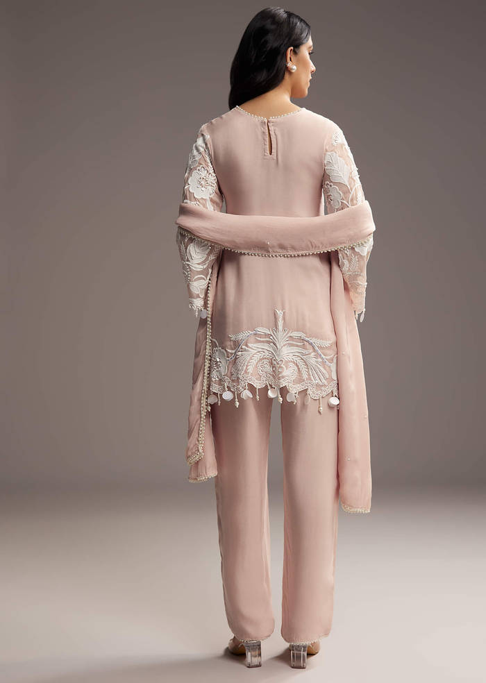 Peach Organza Kurta Set With Thread And Moti Work