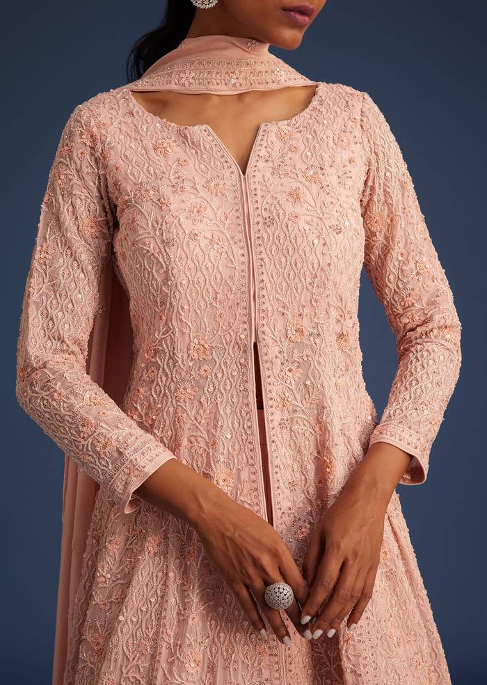 Peach Pink Organza Kurta Set With Chinon Skirt