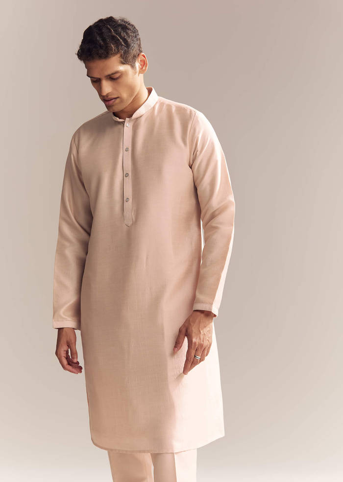 Peach Silk Kurta Jacket Set For Men With Heavy Embroidery