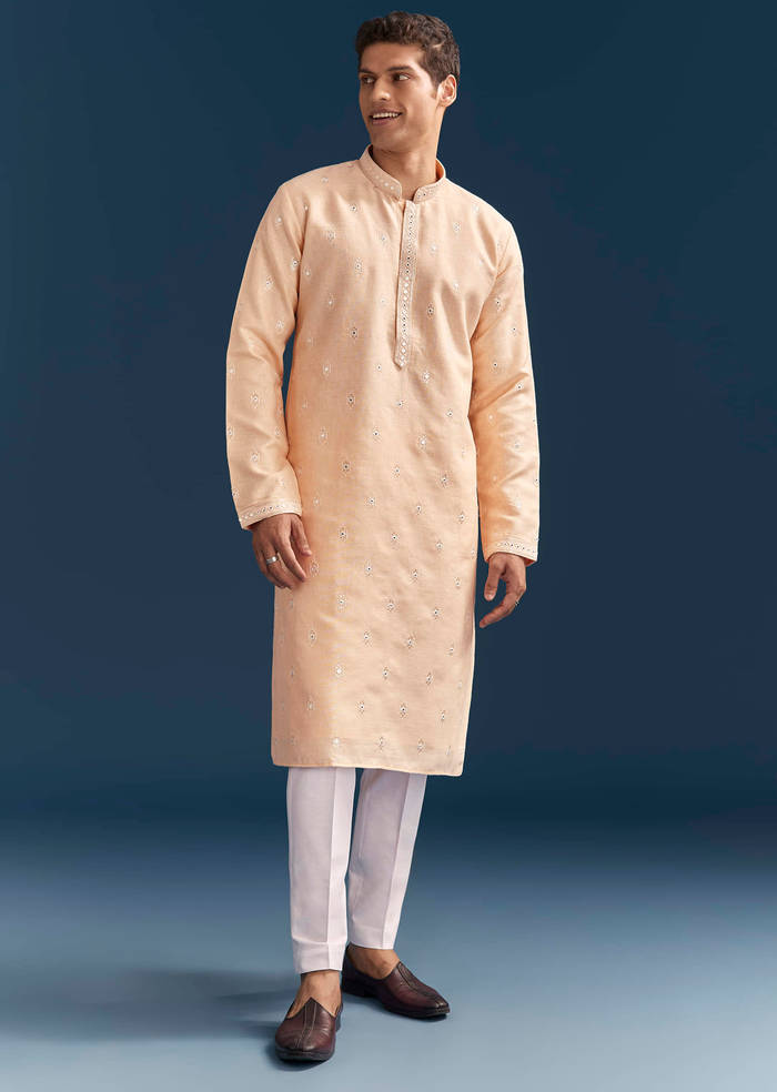 Peach Silk Textured Kurta Set For Men With Thread And Mirror Work