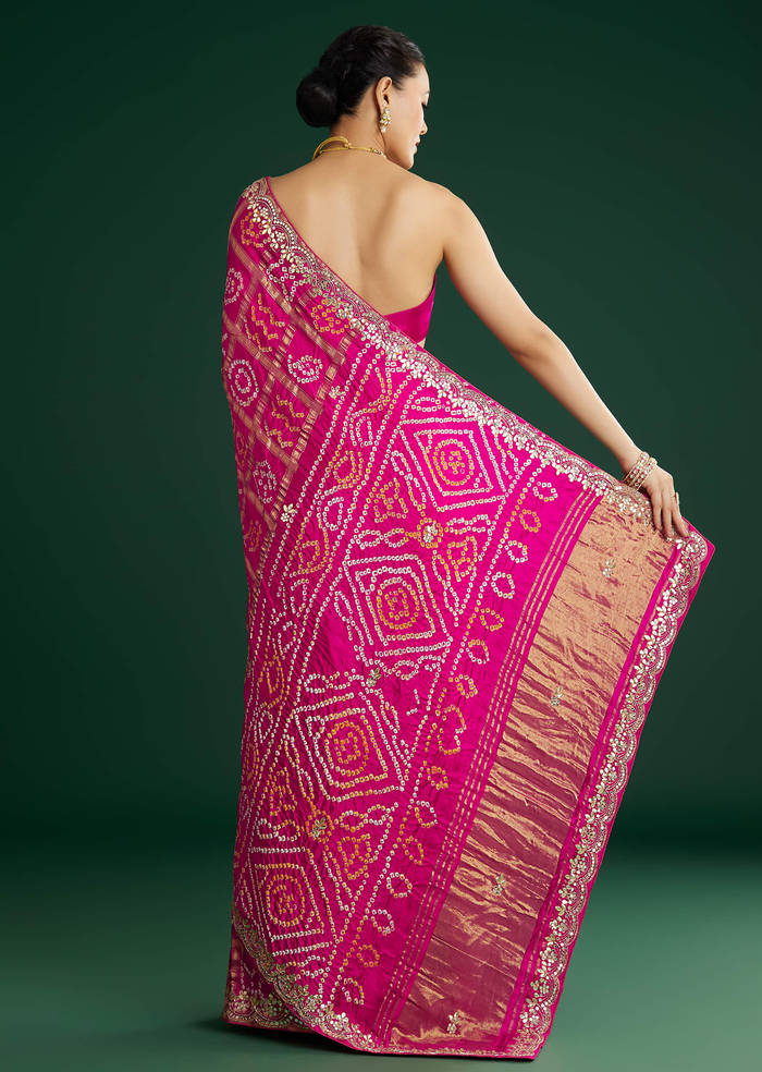 Pink Bandhani Saree With Gota Work