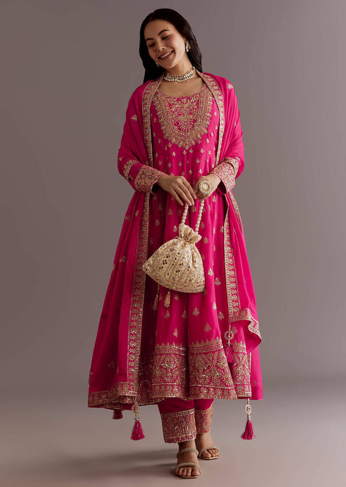 Pink Chinon Hand Embroidered Anarkali Suit With Dupatta