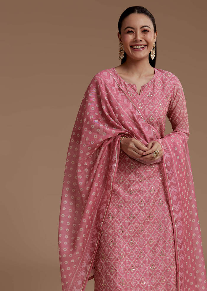Pink Floral Print Chanderi Kurta Set with Gotta Work