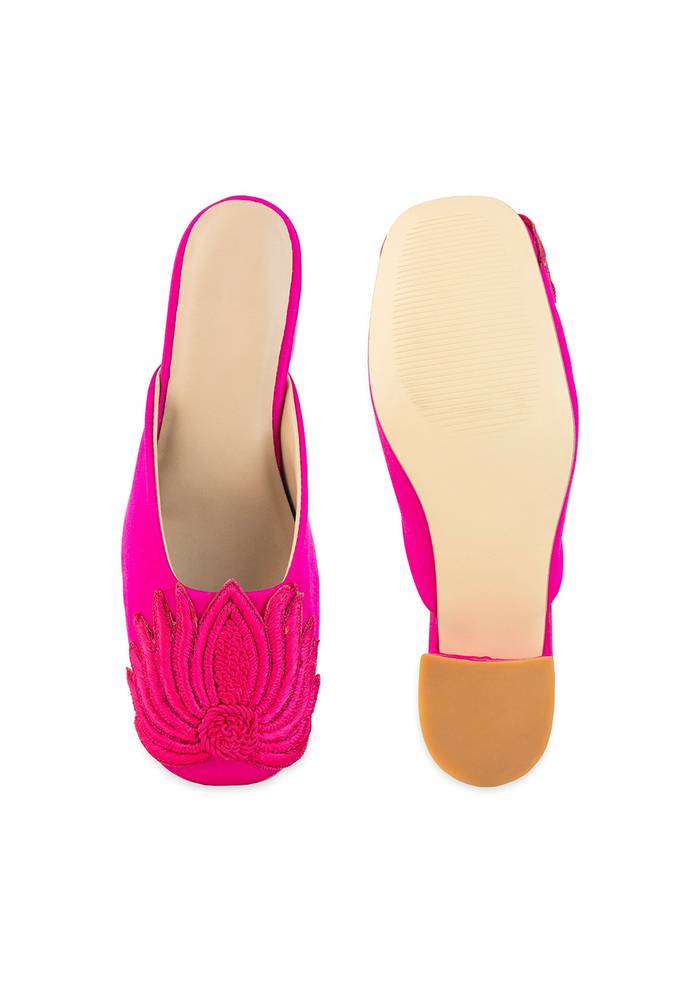 Pink Fuschia Satin Lotus Motif Heel Mules