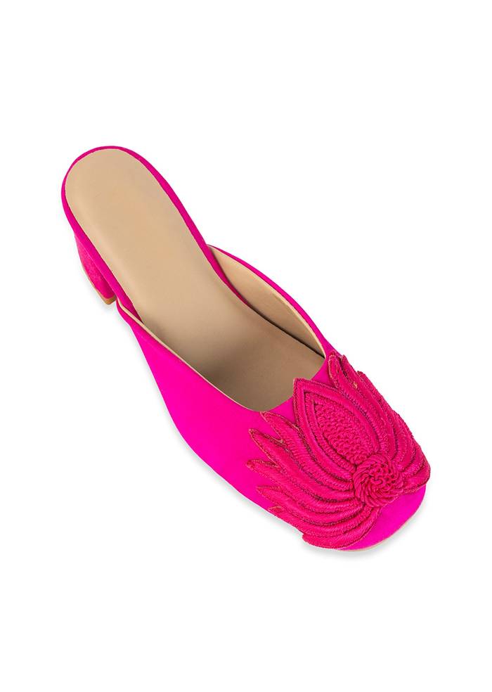 Pink Fuschia Satin Lotus Motif Heel Mules