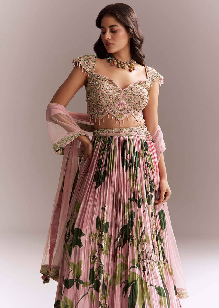 Pink Net Floral Bridesmaid Lehenga With Heavy Embroidery