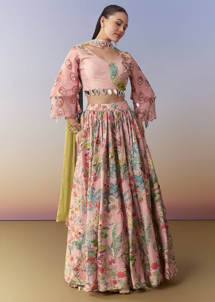 Pink Printed Lehenga Set with Gotta Lace