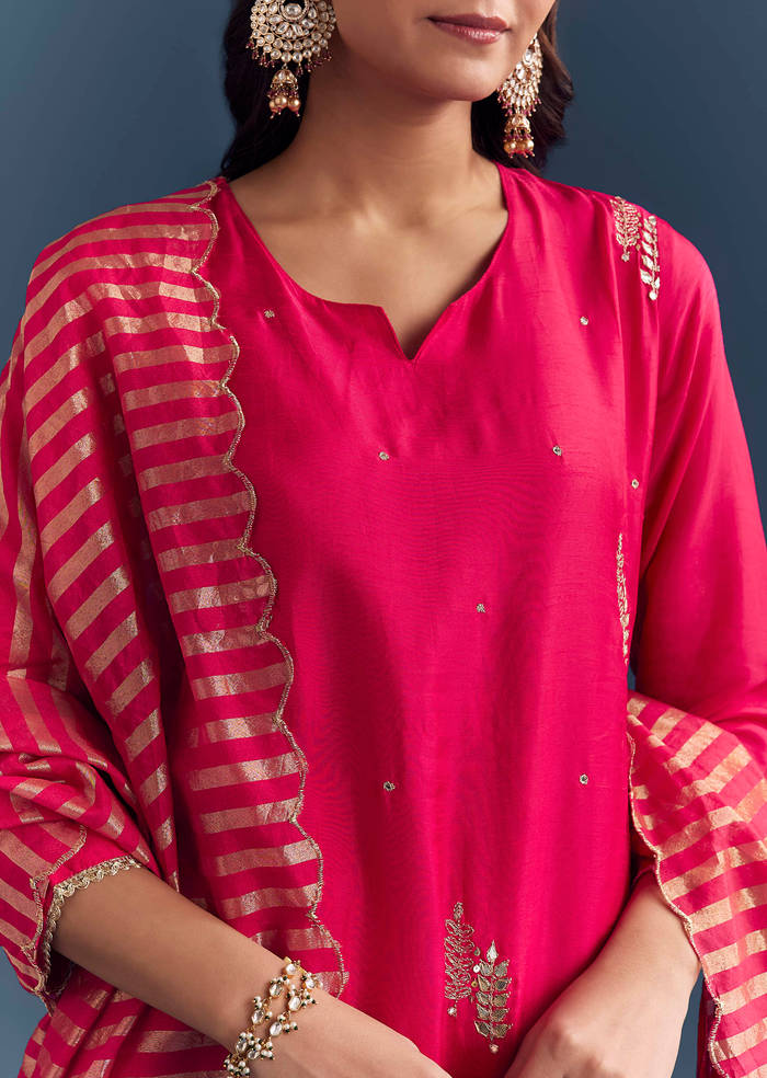 Pink Silk Kurta Set With Zari And Gota Work