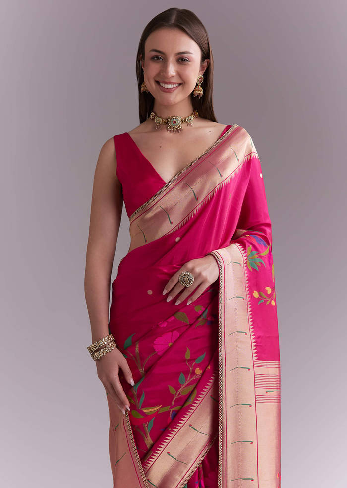 Pink Silk Muniya Paithani Saree With Multicolour Floral Motifs