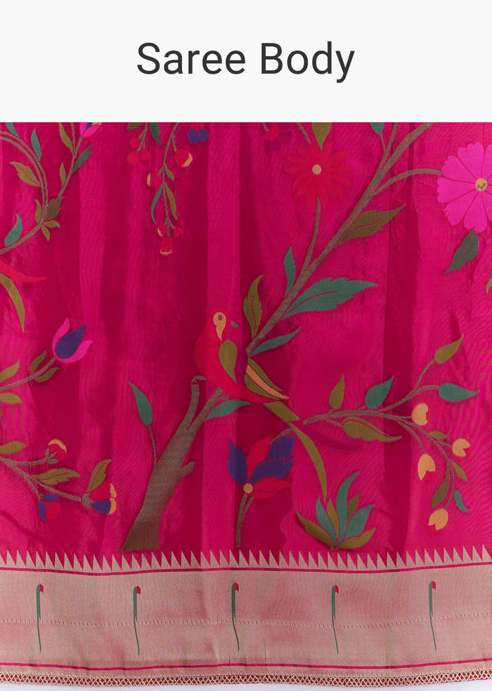 Pink Silk Muniya Paithani Saree With Multicolour Floral Motifs