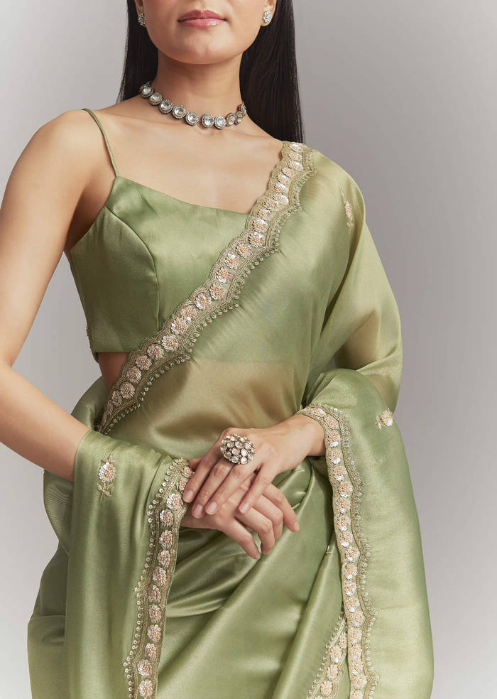 Pista Green Tissue Embroidered Saree With Heavy Hand Embroidery