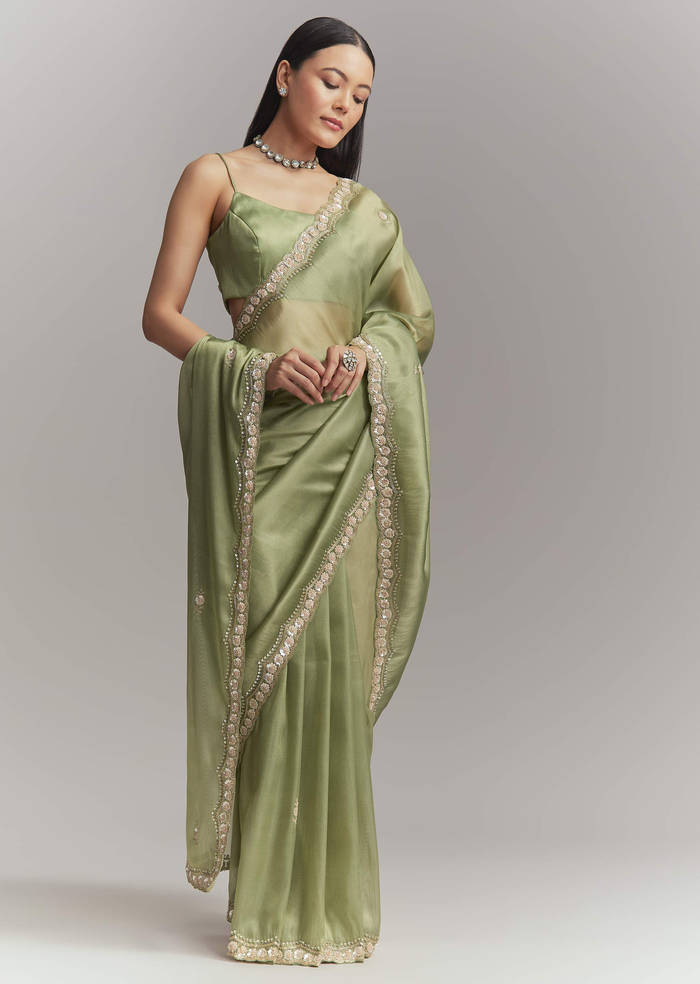 Pista Green Tissue Embroidered Saree With Heavy Hand Embroidery